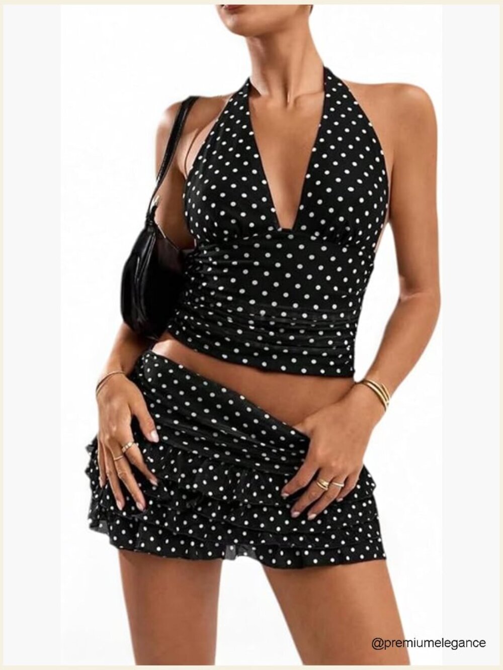 Polka Dot 2 Piece Skirt Set Halter Backless Mesh Going Out Outfit